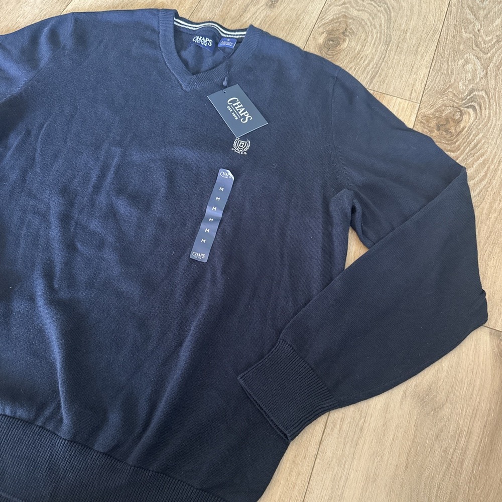 Chaps Men's New Port Navy Pullover Long Sleeve V-Neck Knit Sweater Preppy Med
